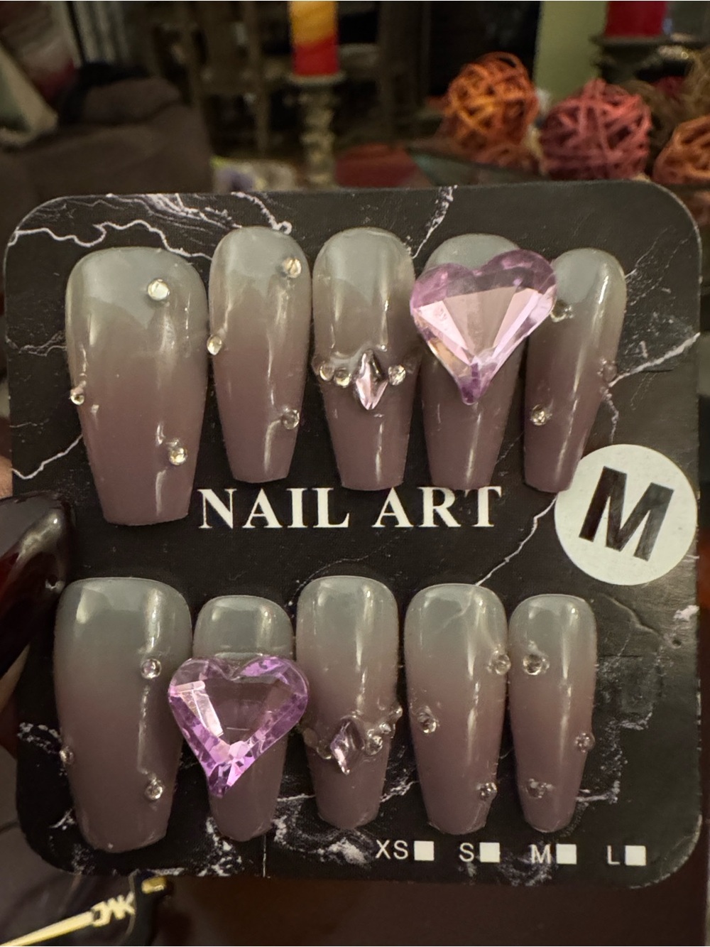 Purple Ombré Rhinestone Heart Press-On Nails (Medium Coffin)